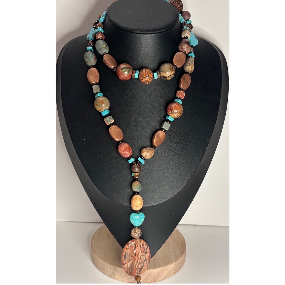 Vintage 90s Southwestern Boho Long Beaded Stone Necklace Celtic Knot Cross 30"